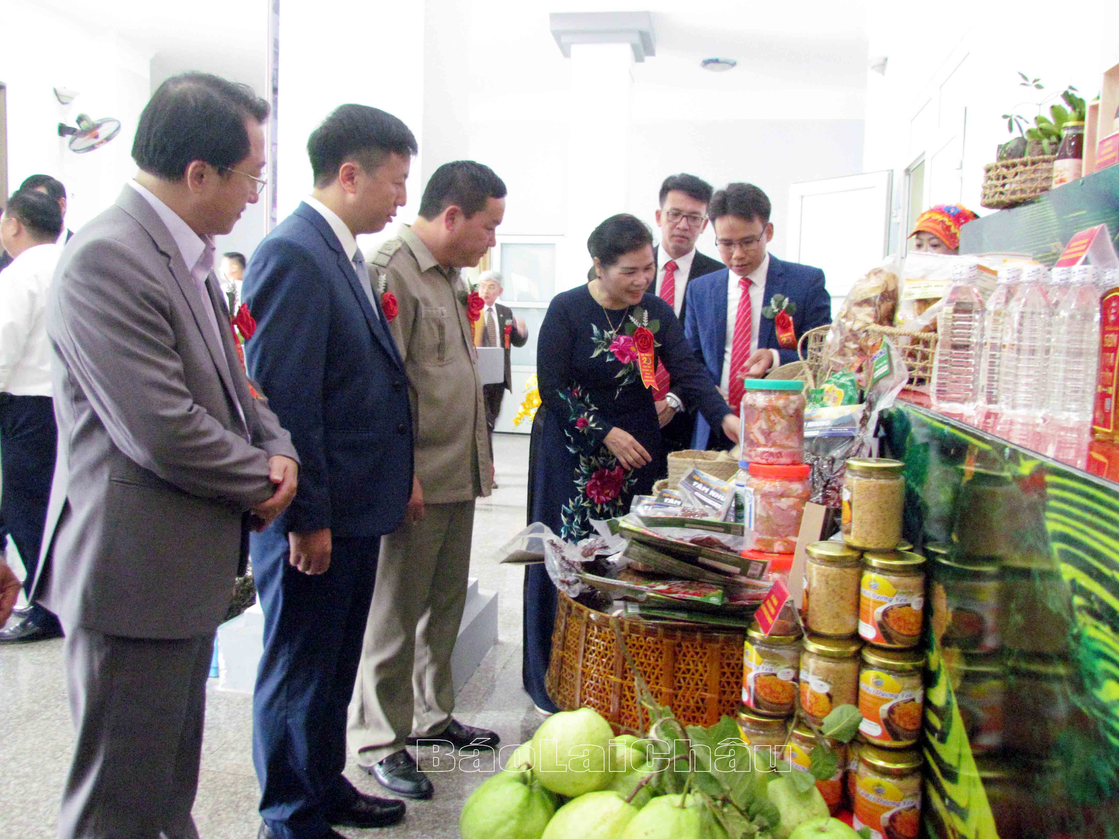 Các đồng chí lãnh đạo tỉnh, huyện Phong Thổ thăm quan các sản phẩm nông nghiệp tiêu biểu của huyện Phong Thổ.